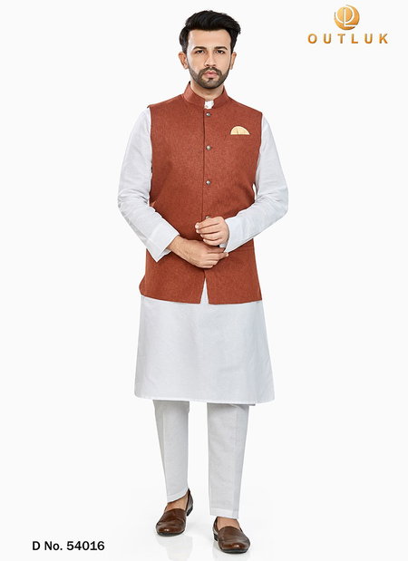 Light Brown Colour Outluk Vol 54 Festive Wear Linen Blend Digital Print Kurta Pajama With Jacket Mens Collection 54016